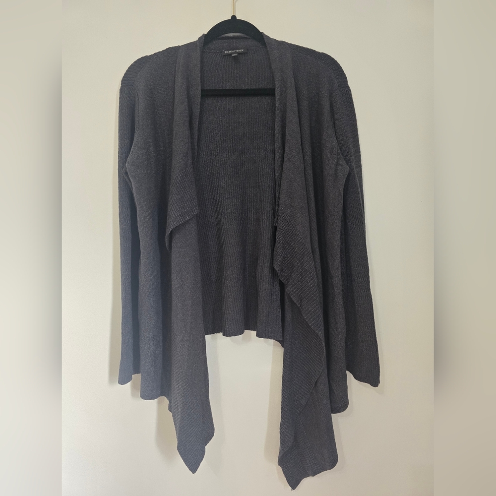 Eileen Fisher Womens Charcoal Open Front Cardigan Cotton/Viscose/Silk Blend